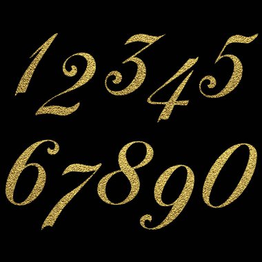 Metalik sayı kümesi. Vektör altın numaraları. Altın rakamlar. Bir tane. İki. Üç. Dört. Beş altı yedi sekiz dokuz sıfır