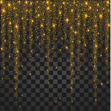 Vektör düşen parlak parçacıklar ve şeffaf arka plan üzerinde izole yıldız şenlikli çizimi. Altın konfeti pırıltılar. Köpüklü doku. Tatil dekoratif tinsel unsur tasarımı için,
