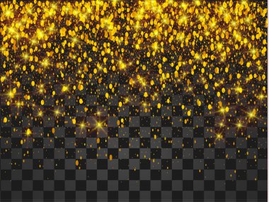 Vektör düşen parlak parçacıklar ve şeffaf arka plan üzerinde izole yıldız şenlikli çizimi. Altın konfeti pırıltılar. Köpüklü doku. Tatil dekoratif tinsel unsur tasarımı için,