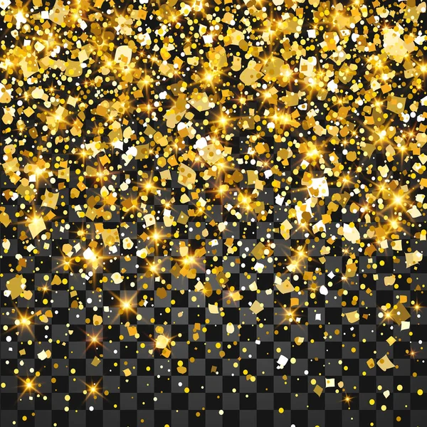 紙吹雪のお祭り爆発 カード 招待状のゴールドのキラキラ背景 休日の装飾的な要素 落下の光沢のある粒子と透明な背景に分離された星のイラスト — ストックベクタ