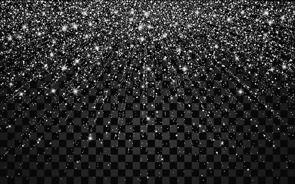 Konfeti şenlikli patlama. Gümüş sim kart, davet için arka plan. Tatil dekoratif unsur. Düşen parlak parçacıklar ve şeffaf arka plan üzerinde izole yıldız çizimi.