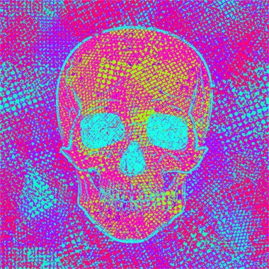 Kafatası renkli kaotik yaratıcı zemin üzerine. Soyut doku. Serin tasarım grunge tarzı. Kentsel modern vektör çizim.