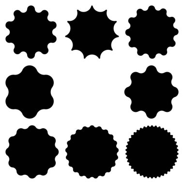 Satılık etiket, fiyat etiketi, kalite işareti için en iyisi. Siyah posta pulları ve posta damgaları. Koleksiyonu farklı yıldız patlaması. Set sunburst rozetleri
