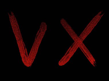 İzole fırça onay işareti simgelerini hazır, vektör. Kırmızı pozitif Evet ve siyah arka plan üzerine negatif Hayır. Kene ve çapraz grunge ve basit işaretler.