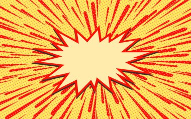 Patlama arka plan. Retro pop sanat konuşma balonu noktalı. Vektör simge karikatür tasarlamak. Çizgi roman kitap balon