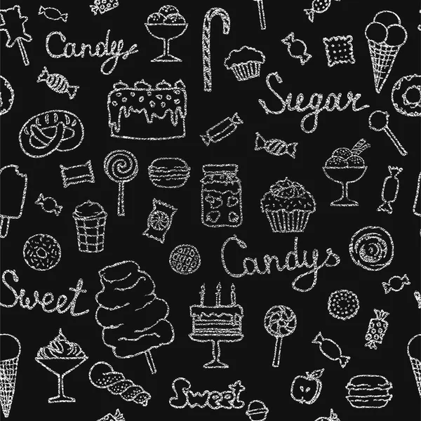 Seamless Pattern Candys Cakes Sweets Desserts Hand Drawn Vector Illustrations — Stock Vector