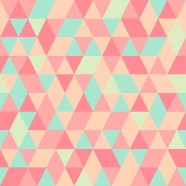 Kesintisiz renkli soyut üçgenler desen. Geometrik şekiller Retro arka plan. Parlak modern mozaik zemin. Vintage üçgen süsleme. Yaratıcı kapak, dekoratif desen. Vektör çizim.