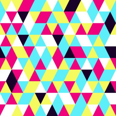 Kesintisiz renkli soyut üçgenler desen. Geometrik şekiller Retro arka plan. Parlak modern mozaik zemin. Vintage üçgen süsleme. Yaratıcı kapak, dekoratif desen. Vektör çizim.