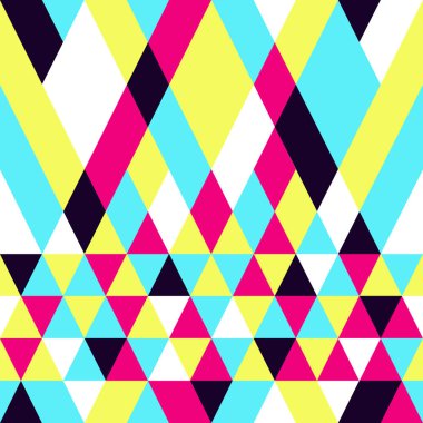 Kesintisiz renkli soyut üçgenler desen. Geometrik şekiller Retro arka plan. Parlak modern mozaik zemin. Vintage üçgen süsleme. Yaratıcı kapak, dekoratif desen. Vektör çizim.