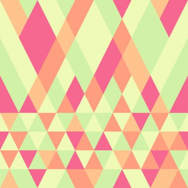 Kesintisiz renkli soyut üçgenler desen. Geometrik şekiller Retro arka plan. Parlak modern mozaik zemin. Vintage üçgen süsleme. Yaratıcı kapak, dekoratif desen. Vektör çizim.