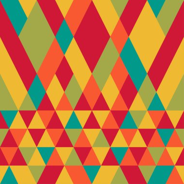 Kesintisiz renkli soyut üçgenler desen. Geometrik şekiller Retro arka plan. Parlak modern mozaik zemin. Vintage üçgen süsleme. Yaratıcı kapak, dekoratif desen. Vektör çizim.