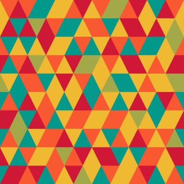 Kesintisiz renkli soyut üçgenler desen. Geometrik şekiller Retro arka plan. Parlak modern mozaik zemin. Vintage üçgen süsleme. Yaratıcı kapak, dekoratif desen. Vektör çizim.