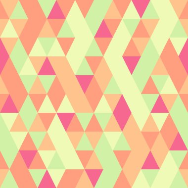 Kesintisiz renkli soyut üçgenler desen. Geometrik şekiller Retro arka plan. Parlak modern mozaik zemin. Vintage üçgen süsleme. Yaratıcı kapak, dekoratif desen. Vektör çizim.
