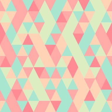 Kesintisiz renkli soyut üçgenler desen. Geometrik şekiller Retro arka plan. Parlak modern mozaik zemin. Vintage üçgen süsleme. Yaratıcı kapak, dekoratif desen. Vektör çizim.