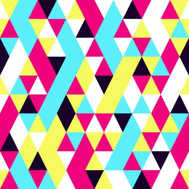 Kesintisiz renkli soyut üçgenler desen. Geometrik şekiller Retro arka plan. Parlak modern mozaik zemin. Vintage üçgen süsleme. Yaratıcı kapak, dekoratif desen. Vektör çizim.