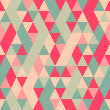Kesintisiz renkli soyut üçgenler desen. Geometrik şekiller Retro arka plan. Parlak modern mozaik zemin. Vintage üçgen süsleme. Yaratıcı kapak, dekoratif desen. Vektör çizim.