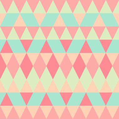 Kesintisiz renkli soyut üçgenler desen. Geometrik şekiller Retro arka plan. Parlak modern mozaik zemin. Vintage üçgen süsleme. Yaratıcı kapak, dekoratif desen. Vektör çizim.