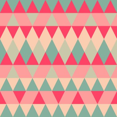 Kesintisiz renkli soyut üçgenler desen. Geometrik şekiller Retro arka plan. Parlak modern mozaik zemin. Vintage üçgen süsleme. Yaratıcı kapak, dekoratif desen. Vektör çizim.