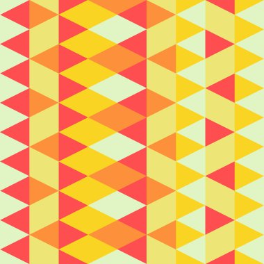 Kesintisiz renkli soyut üçgenler desen. Geometrik şekiller Retro arka plan. Parlak modern mozaik zemin. Vintage üçgen süsleme. Yaratıcı kapak, dekoratif desen. Vektör çizim.