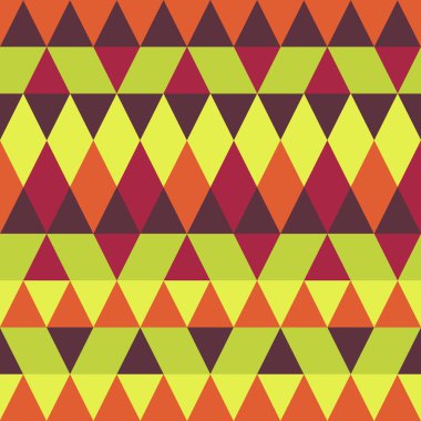 Kesintisiz renkli soyut üçgenler desen. Geometrik şekiller Retro arka plan. Parlak modern mozaik zemin. Vintage üçgen süsleme. Yaratıcı kapak, dekoratif desen. Vektör çizim.