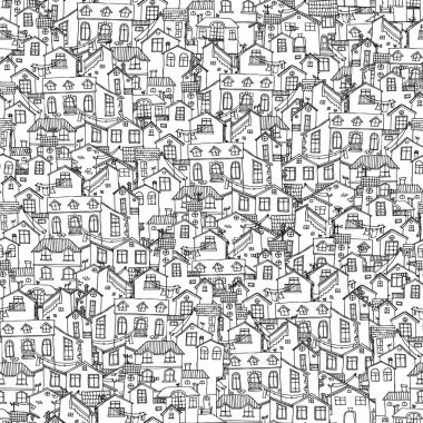 Desen ile elle çizilmiş doodle evler. Illusttration şirin bir ev. Ev çizim için. Samless arka plan siyah ve beyaz. Vektör