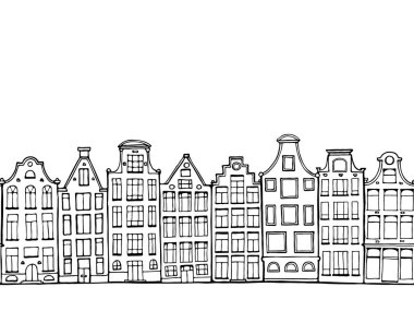 Çizgi film elle çizilmiş mürekkep evler. Sorunsuz sınır. İskandinav Felemenk hous doodle. Anahat vektör çizim kart, poster.