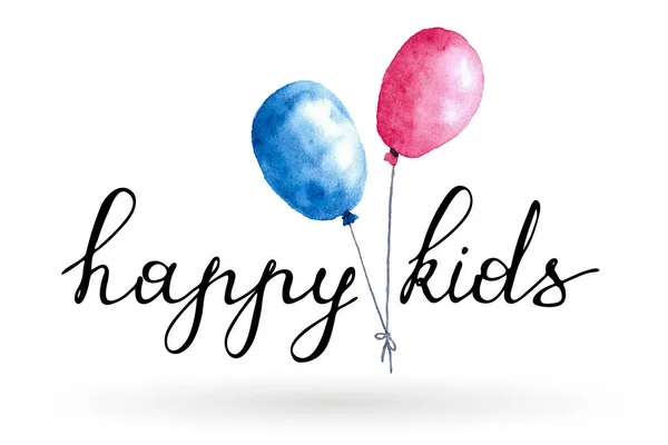 快乐的儿童标志与水彩气球 手绘徽标 矢量插图 — 图库矢量图片