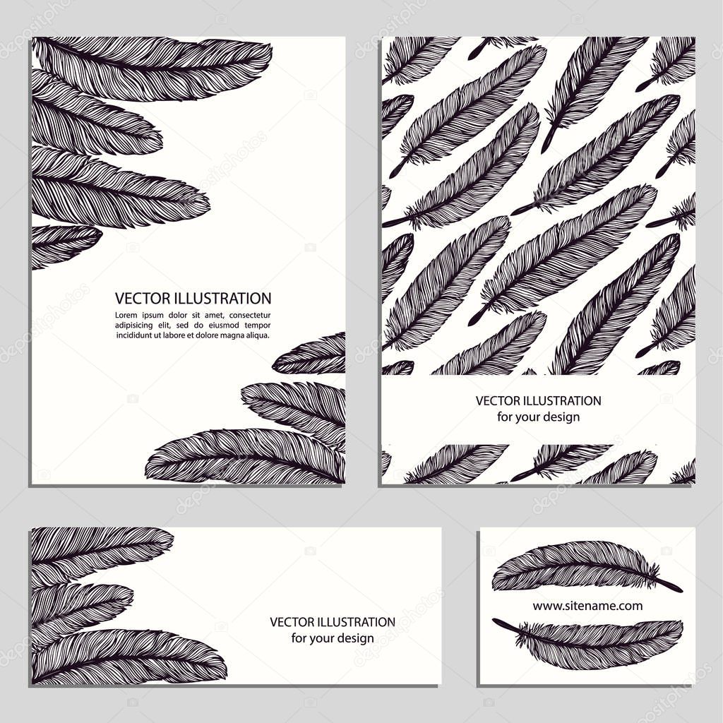 Hand drawn doodle feathers. Cover template collection. Artistic cute celebrating cards. Set design elements. Outline vector drawing.