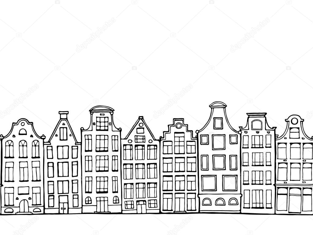Cartoon hand drawn ink houses. Seamless border. Doodle scandinavian Netherlandish hous. Outline vector drawing for card, poster.
