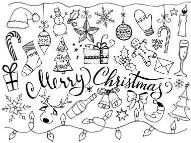 Noel tipografi ve tasarım öğeleri kümesi. Neşeli Noel yazı. Vektör çizim