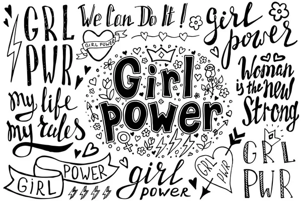 Kutipan Kekuatan Perempuan Dan Ilustrasi Grl Pwr Tangan Ditarik Ditetapkan - Stok Vektor