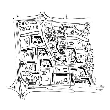 Bir şehir, eski köy kent planı. Doodle şehir haritası. Çizim vektör şehir. Sokak haritası. Fütüristik Megalopolis şehir olarak planı.