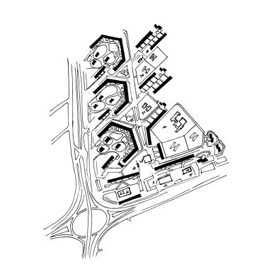 Bir şehir, eski köy kent planı. Doodle şehir haritası. Çizim vektör şehir. Sokak haritası. Fütüristik Megalopolis şehir olarak planı.