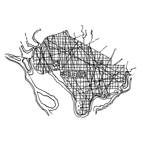 Doodle Desenhado Mão Mapa Plano Urbano Uma Cidade Aldeia Velha — Vetor de Stock