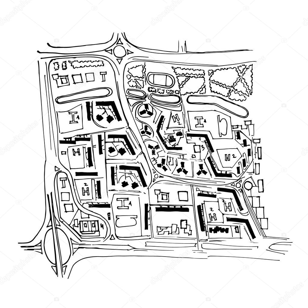 Urban plan of a city, old village. Doodle city map. Vector city drawing. Street map. Futuristic Megalopolis City Basis Plan.