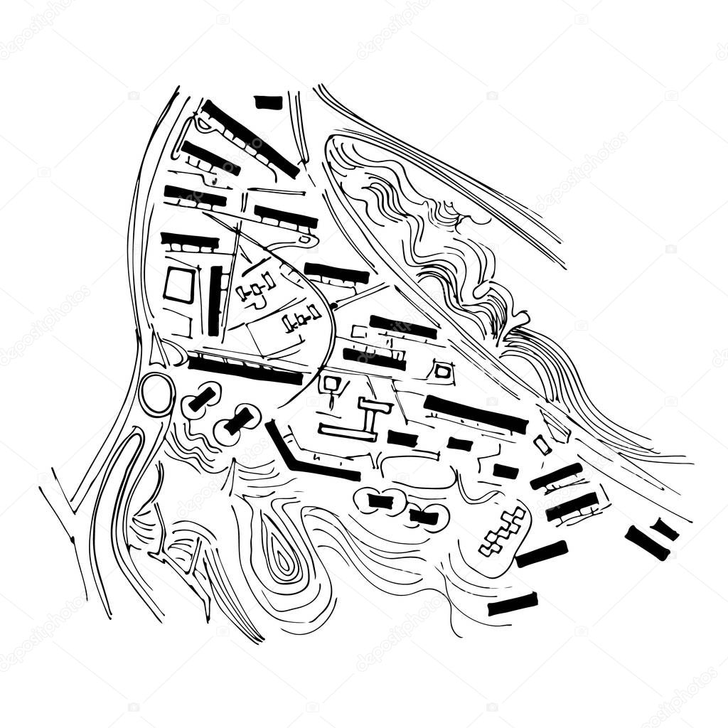 Urban plan of a city, old village. Doodle city map. Vector city drawing. Street map. Futuristic Megalopolis City Basis Plan.