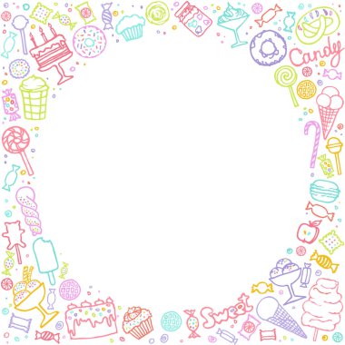 Şeker dükkanı doodle arka plan. Çerçeve tatlılar. Şeker, kek, şekerleme, dondurma ve tatlılar topluluğu. Elle çizilmiş arka plan. Vektör çizimler.