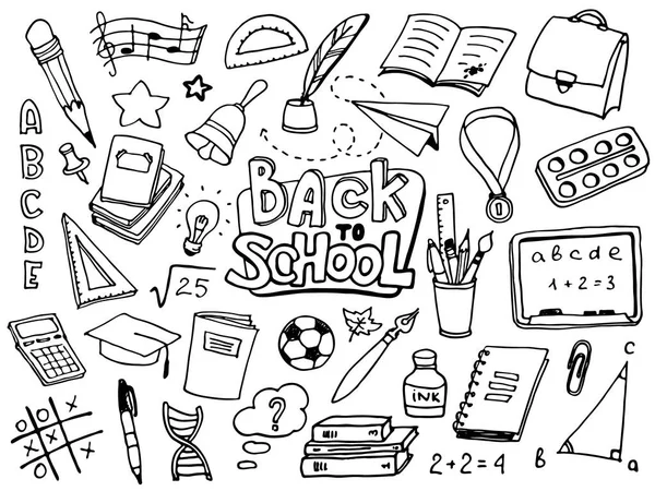 Retour École Avec Des Fournitures Scolaires Dessinées Main Lettrage Doodle — Image vectorielle