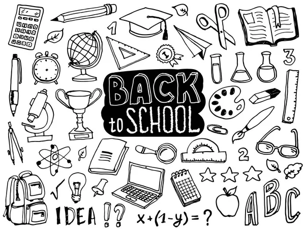 Back School Doodle Elements Lettering School Supplies Collection Sketch Icon — Stock Vector