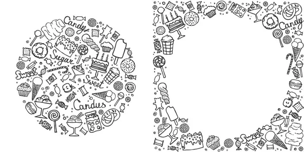Набір Цукерок Doodle Колекція Цукерок Тортів Цукерок Морозива Десертів Рука — стоковий вектор