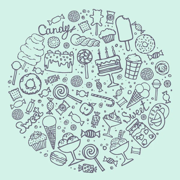 Conjunto Caramelos Doodle Colección Dulces Pasteles Dulces Helados Postres Fondo — Vector de stock