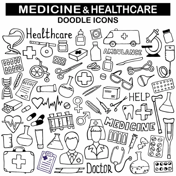 Conjunto Iconos Medicina Doodle Para Diseño Salud Dibujado Mano Farmacia — Archivo Imágenes Vectoriales