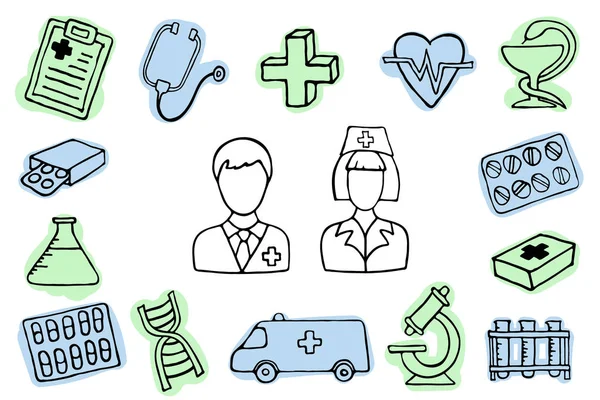 Conjunto Iconos Medicina Doodle Más Lindo Para Diseño Salud Dibujado — Archivo Imágenes Vectoriales