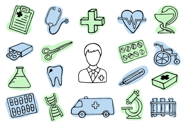 Leukste Doodle Geneeskunde Pictogrammenset Voor Ontwerp Hand Getekend Gezondheidszorg Apotheek — Stockvector