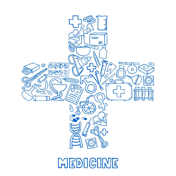 Concepto Médico Cruz Conjunto Iconos Medicina Doodle Más Lindo Para — Archivo Imágenes Vectoriales