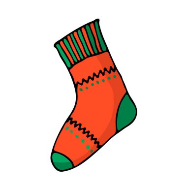 Doodle renkli Noel çorap simgesi. Şirin el çekilmiş tasarım öğesi sizin için. Noel ve yeni yıl sembolleri neşeli, yazı. Vektör çizim