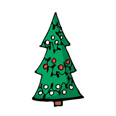 Renkli Noel ağacı simge doodle. Şirin el çekilmiş tasarım öğesi sizin için. Noel ve yeni yıl sembolleri neşeli, yazı. Vektör çizim