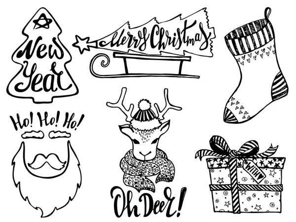 Doodle Weihnachtsset Niedliche Handgezeichnete Gestaltungselemente Frohe Weihnachten Und Neujahr Symbole — Stockvektor
