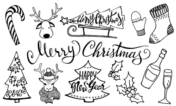 Doodle Weihnachtsset Niedliche Handgezeichnete Gestaltungselemente Frohe Weihnachten Und Neujahr Symbole — Stockvektor