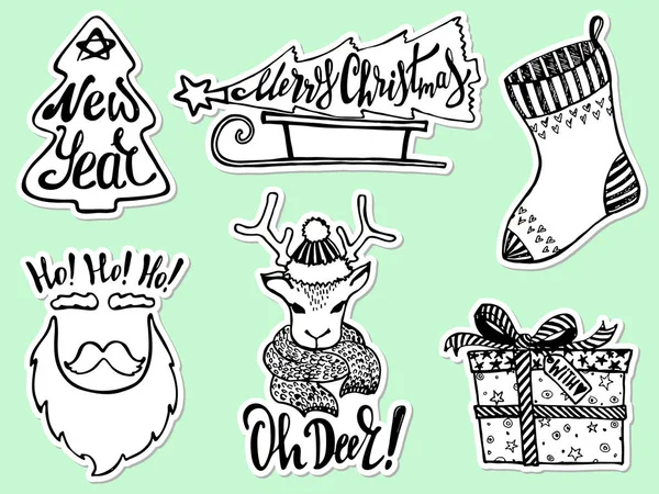 Doodle Weihnachtsdekor Set Und Schriftzug Niedliche Handgezeichnete Aufkleber Elemente Für — Stockvektor